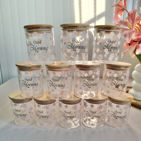 طقم علب بهارات زجاجية مع غطاء خشبي 12 قطعة